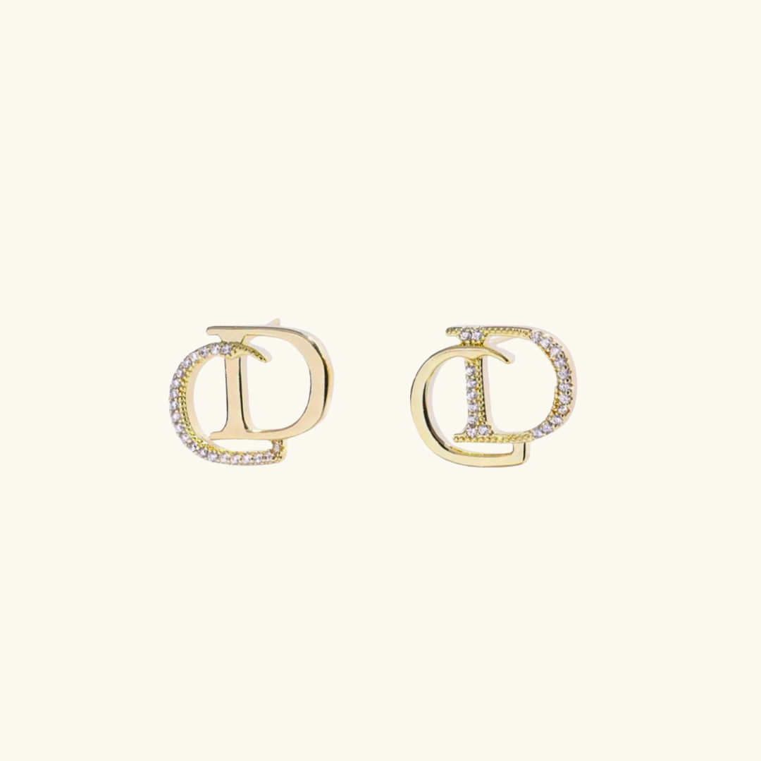 Lucky Dior Stud Earrings Gold-Finish Metal and White Crystals
